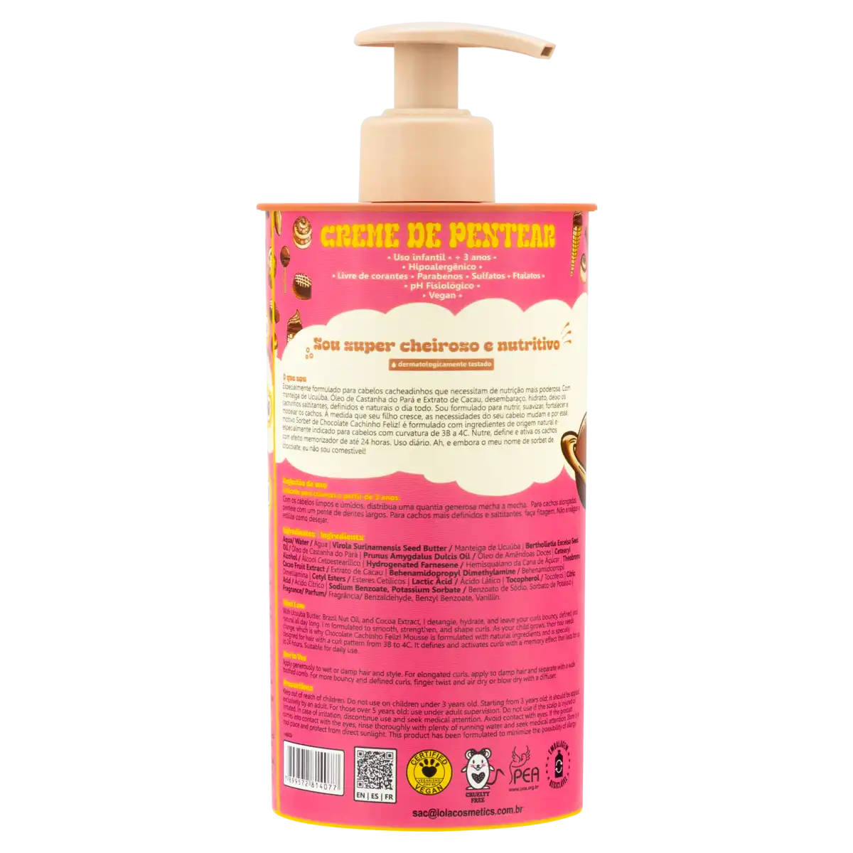 Creme para Pentear Sorbet de Chocolate Lola from Rio Cachinho Feliz Kids Frasco 450g Pump