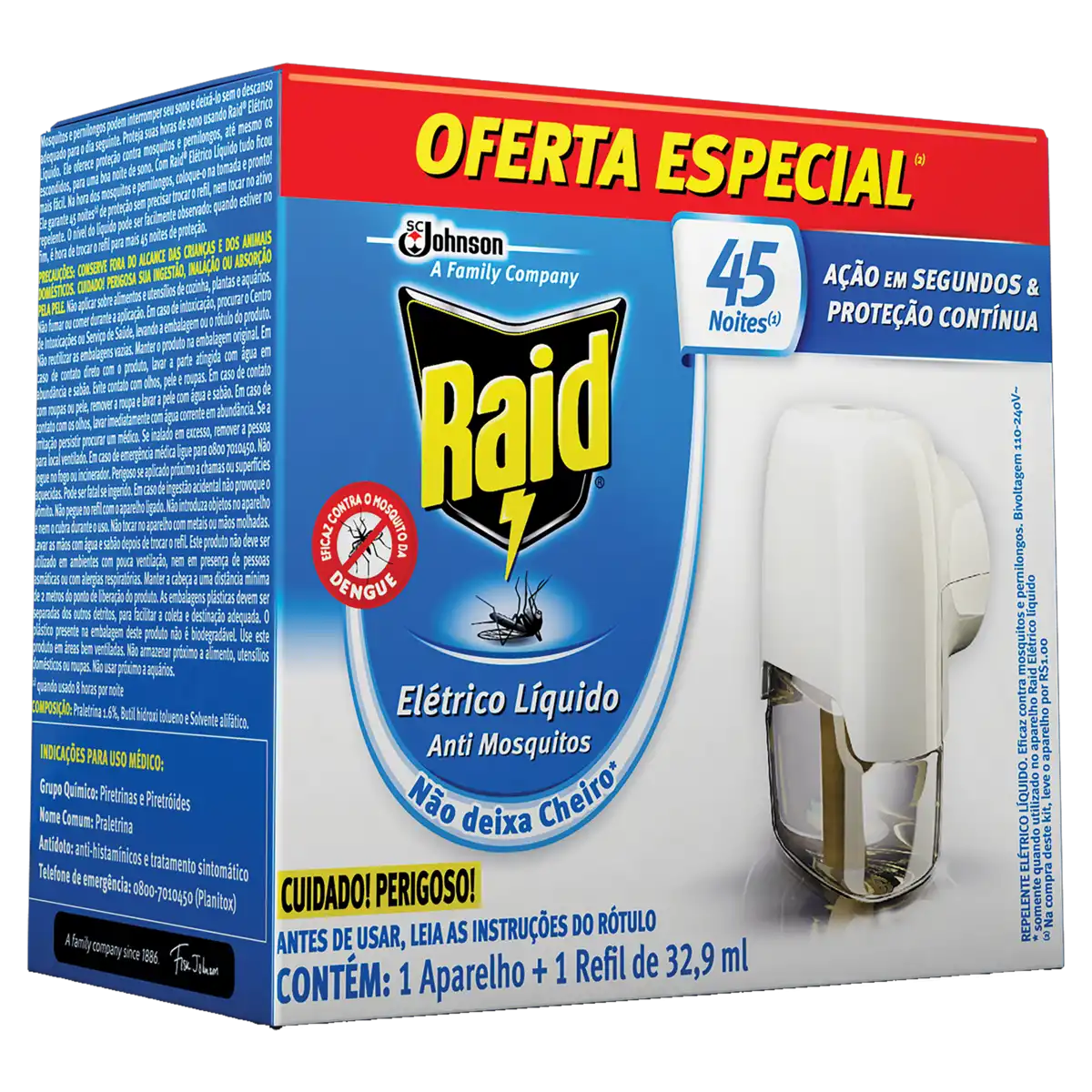 Kit Aparelho Elétrico + Refil Repelente Líquido 45 Noites Raid 32,9ml
