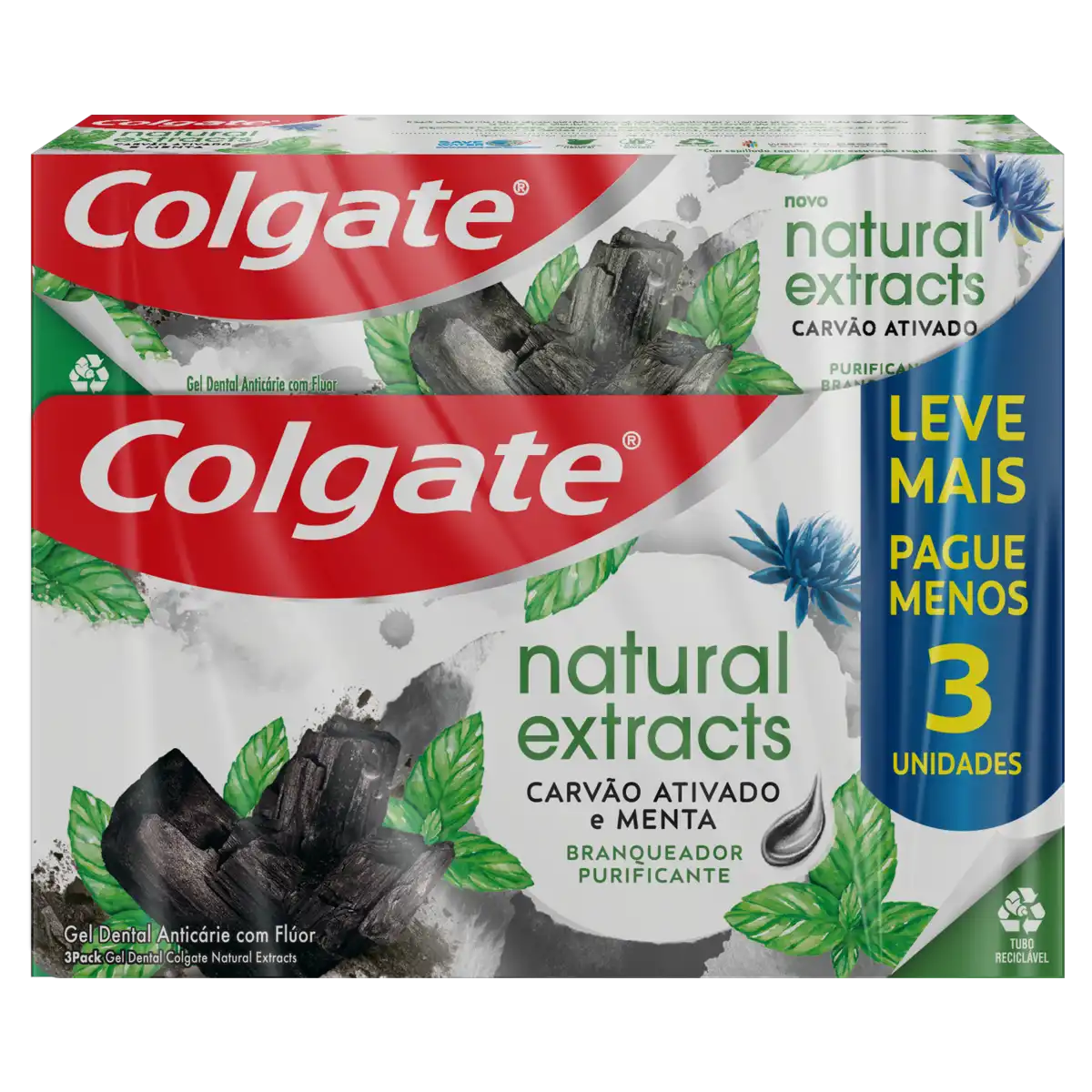 Pack Gel Dental Carvão Ativado Menta Colgate Natural Extracts Purificante Caixa 3 Unidades 90g Cada