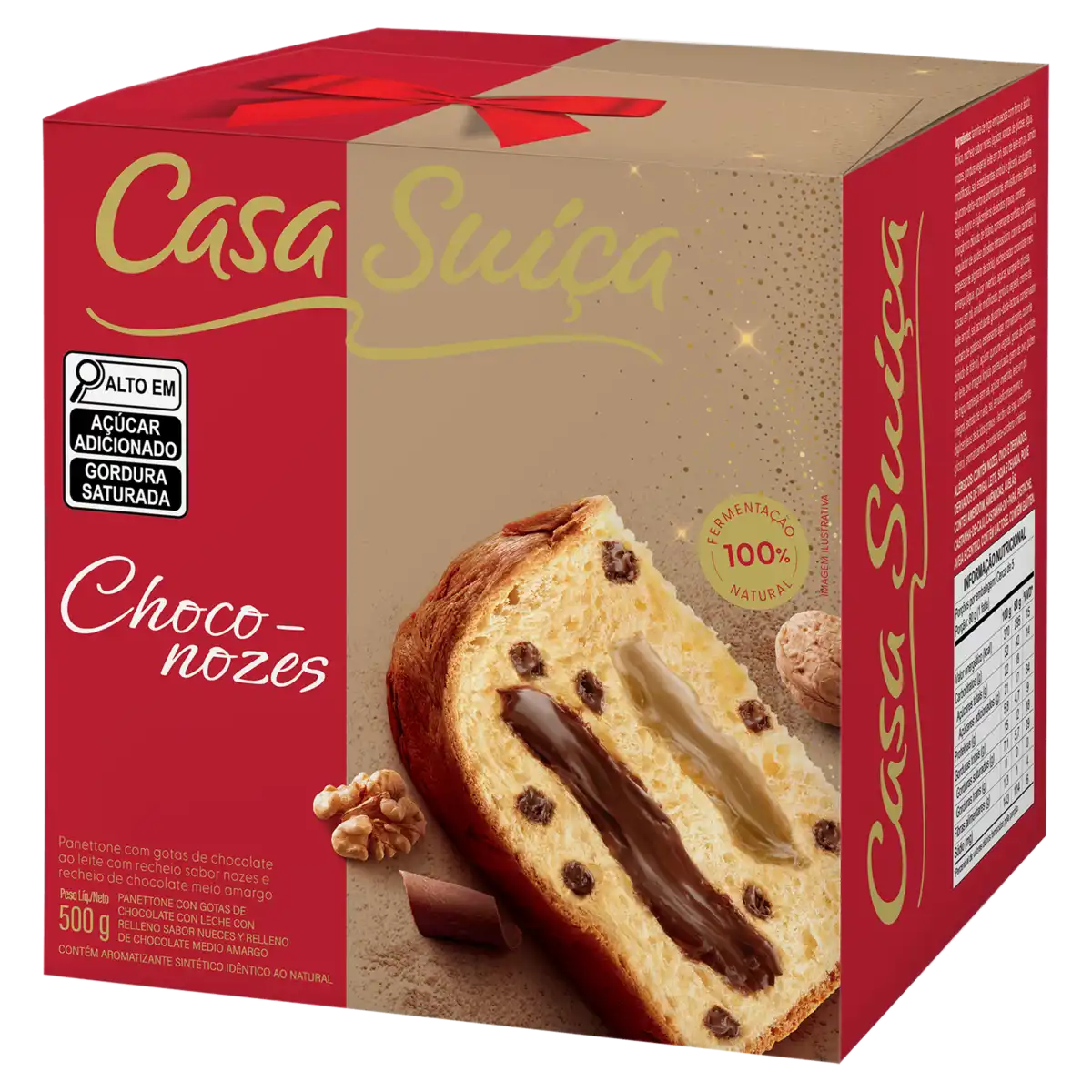 Panettone com Gotas de Chocolate ao Leite Recheio Nozes e Chocolate Meio Amargo Casa Suíça Choco-Nozes Caixa 500g