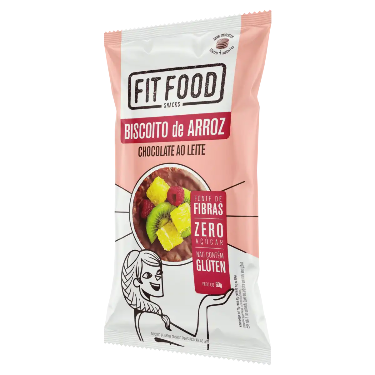 Biscoito de Arroz Cobertura Chocolate ao Leite Zero Açúcar Fit Food Pacote 60g