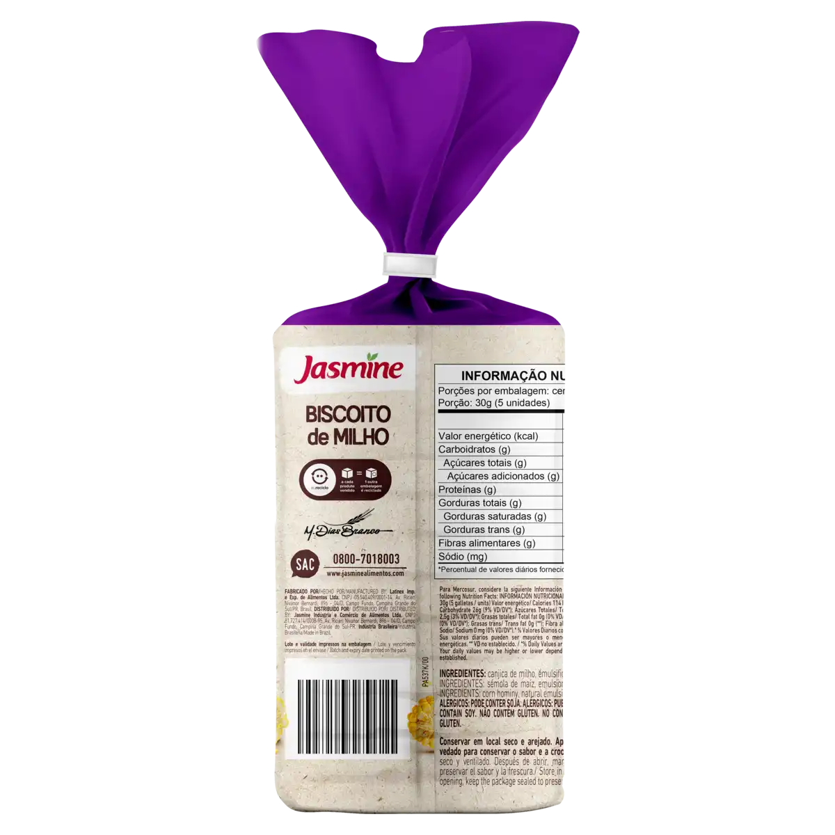 Biscoito de Milho Vegano Original sem Glúten Jasmine Pacote 130g
