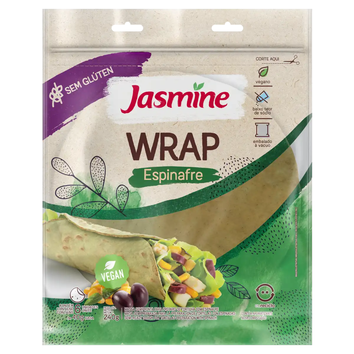 Massa Tortilha Espinafre sem Glúten Jasmine Pacote 240g