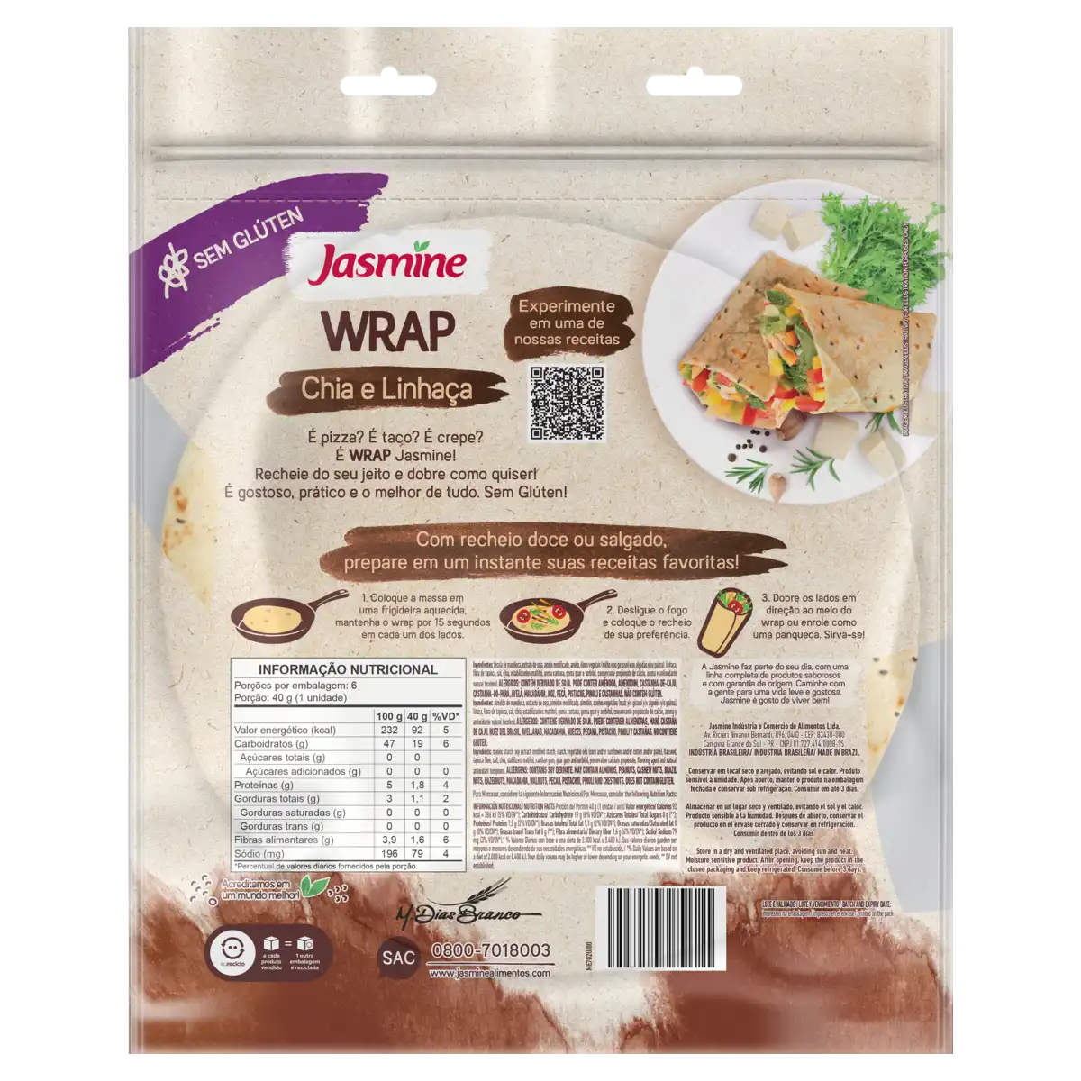 Massa Tortilha Chia e Linhaça sem Glúten Jasmine Pacote 240g