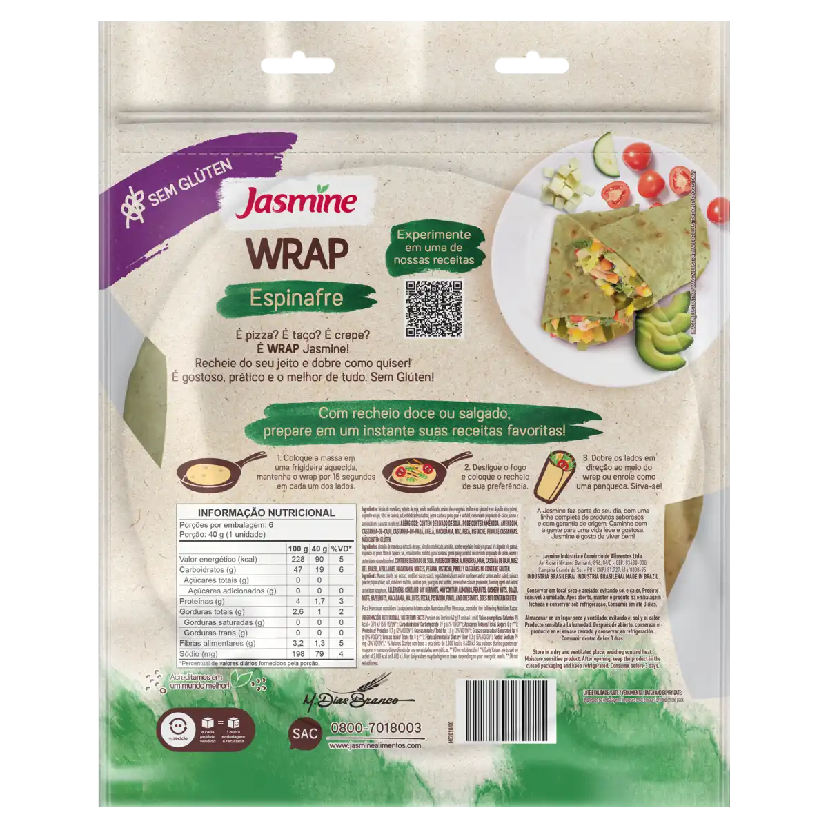 Massa Tortilha Espinafre sem Glúten Jasmine Pacote 240g