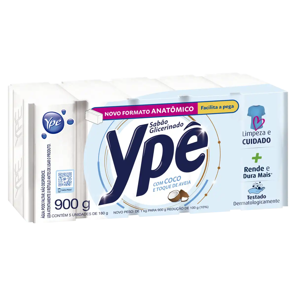Sabão Barra Glicerinado Coco Ypê Pacote 900g 5 Unidades