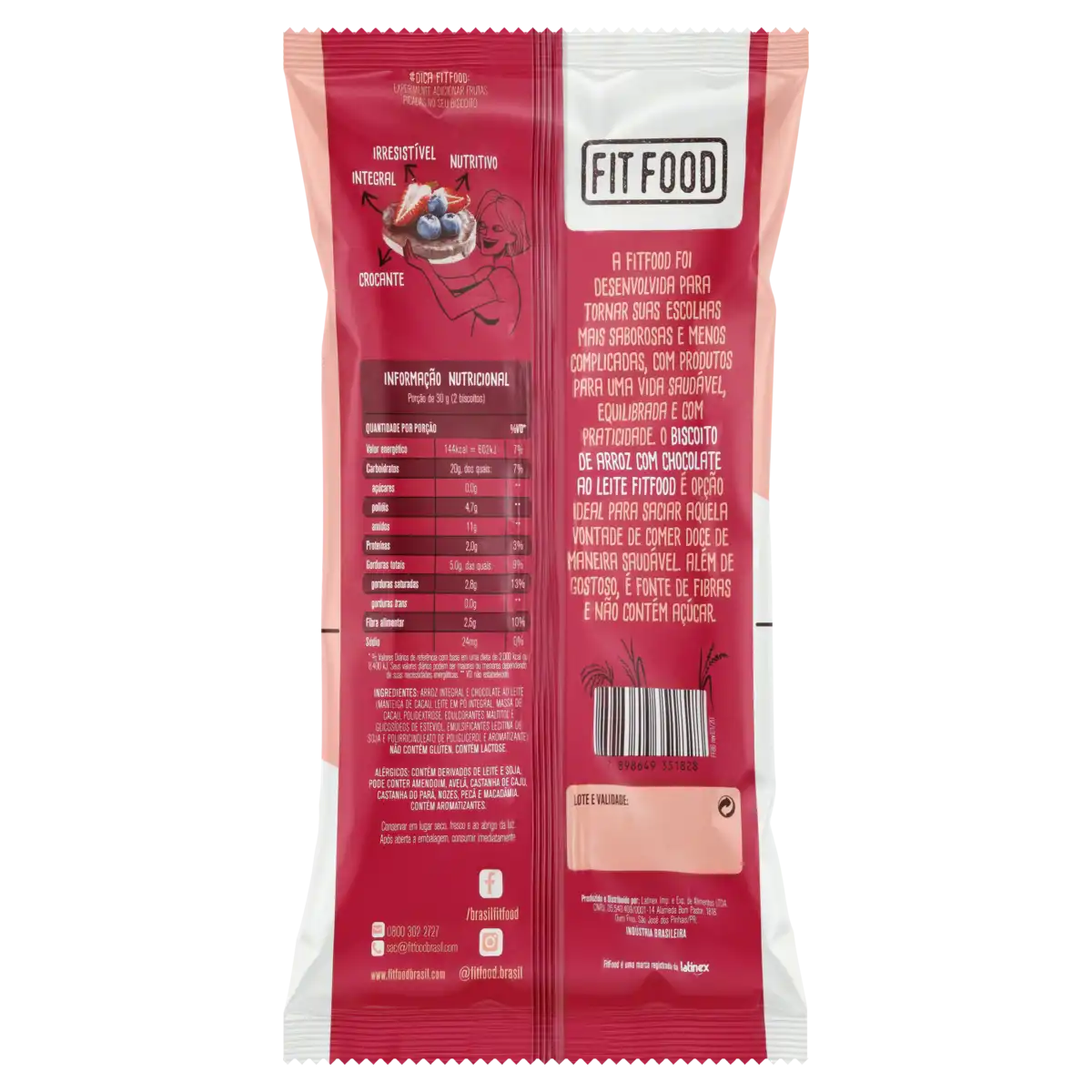 Biscoito de Arroz Cobertura Chocolate ao Leite Zero Açúcar Fit Food Pacote 60g