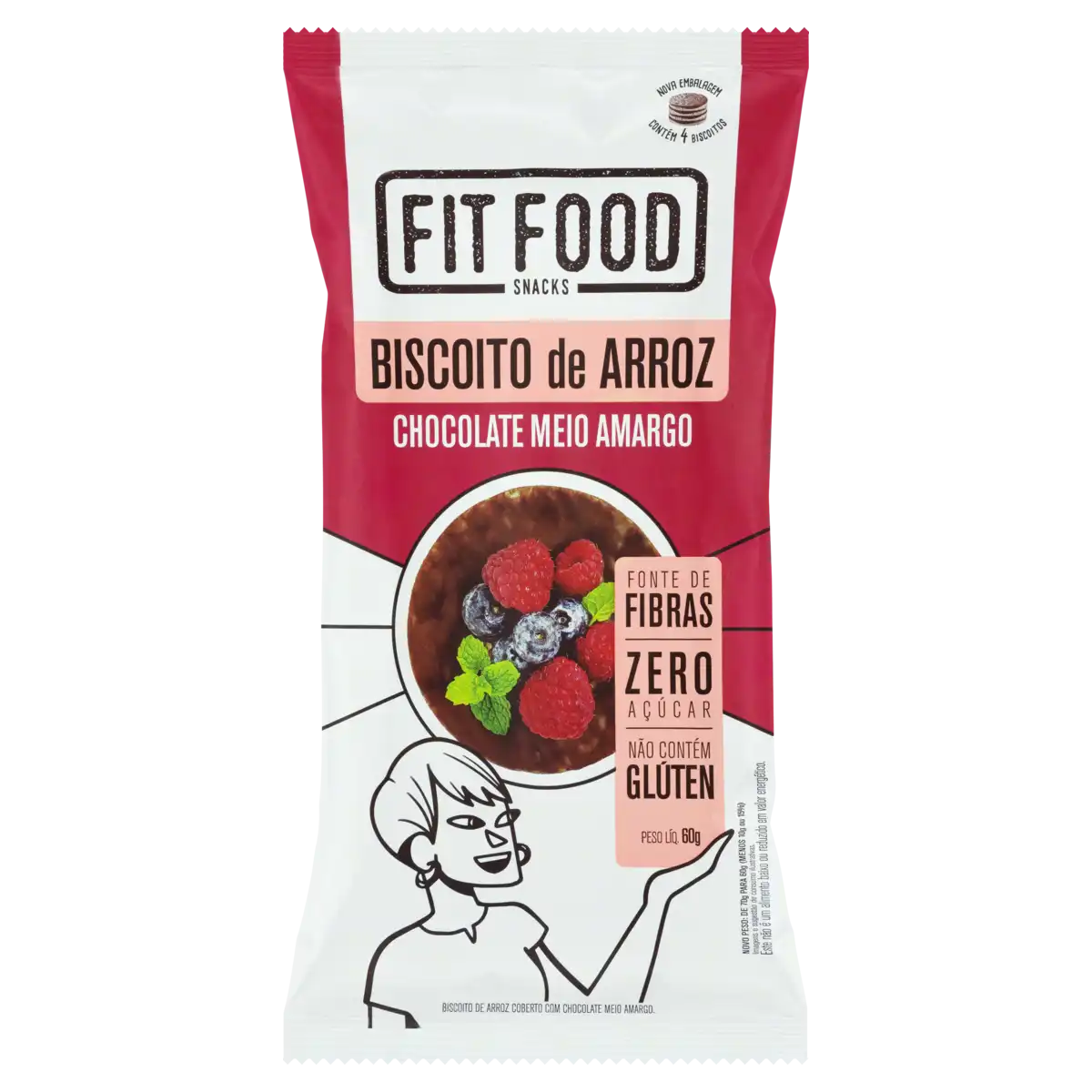 Biscoito de Arroz Cobertura Chocolate Meio Amargo Zero Açúcar Fit Food Pacote 60g