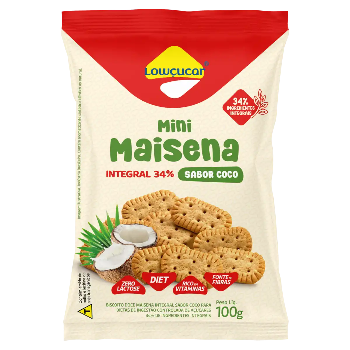 Minibiscoito Maisena Integral Coco Zero Lactose Zero Açúcar Lowçucar Pacote 100g