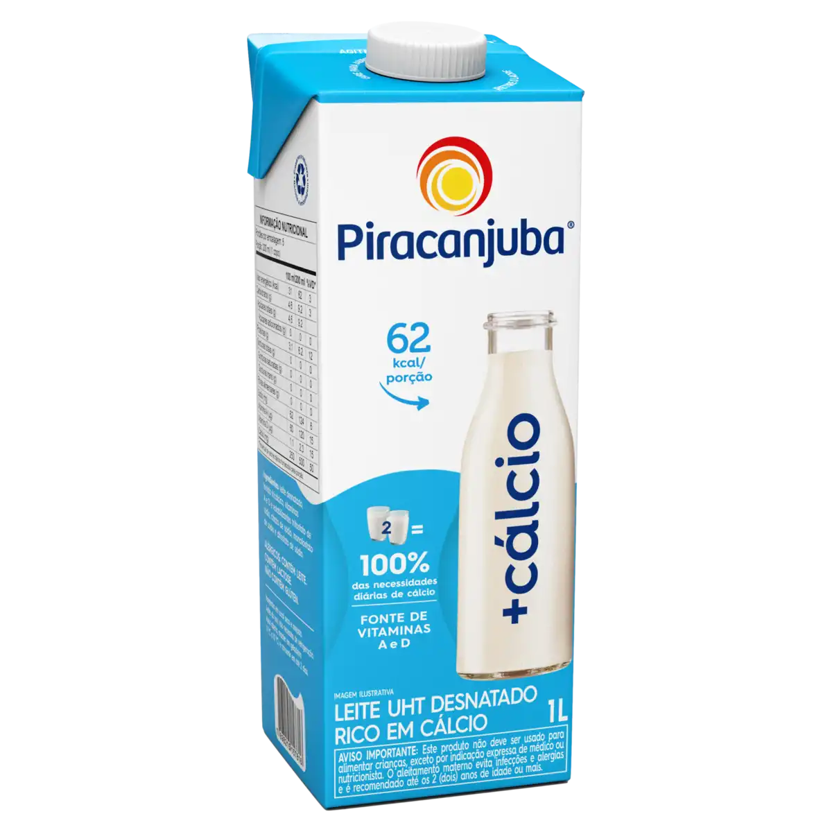 Leite UHT Desnatado Piracanjuba + Cálcio Caixa com Tampa 1l