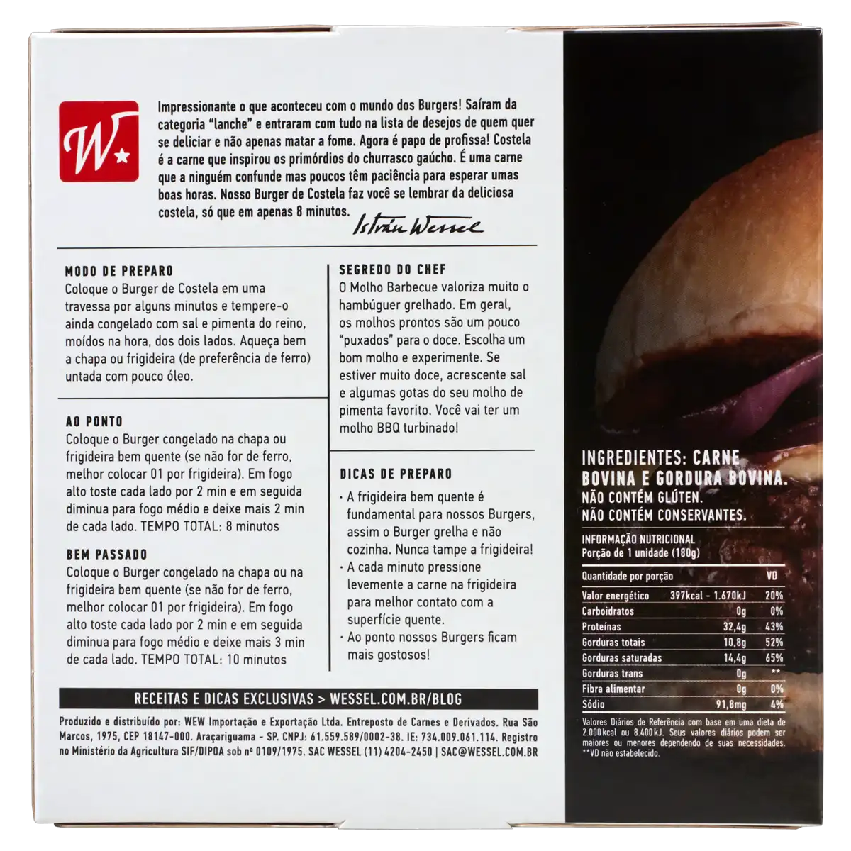 Hambúrguer de Carne Bovina Costela Wessel Caixa 360g 2 Unidades