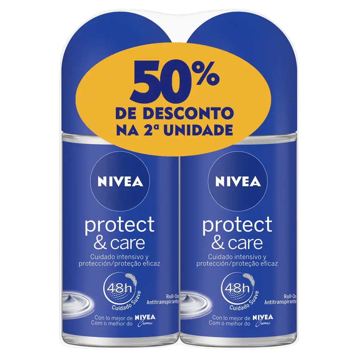 Pack Antitranspirante Roll-On Protect & Care Nivea 2 Unidades 50ml Cada Grátis 50% de Desconto na 2ª Unidade