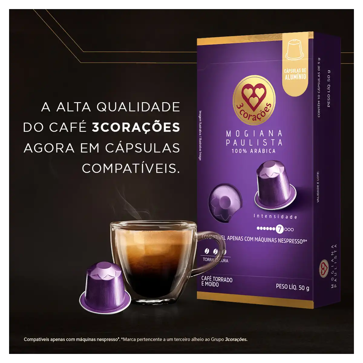 Café em Cápsula Torrado e Moído Mogiana Paulista 3 Corações Caixa 50g 10 Unidades