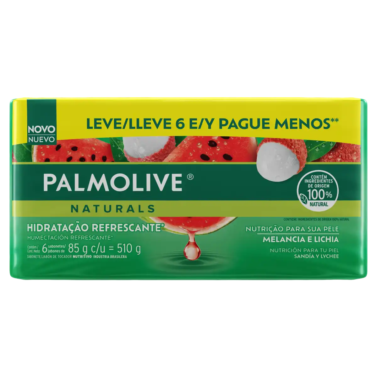 Pack Sabonete Barra Hidratação Refrescante Melancia e Lichia Palmolive Naturals Envoltório 510g 6 Unidades