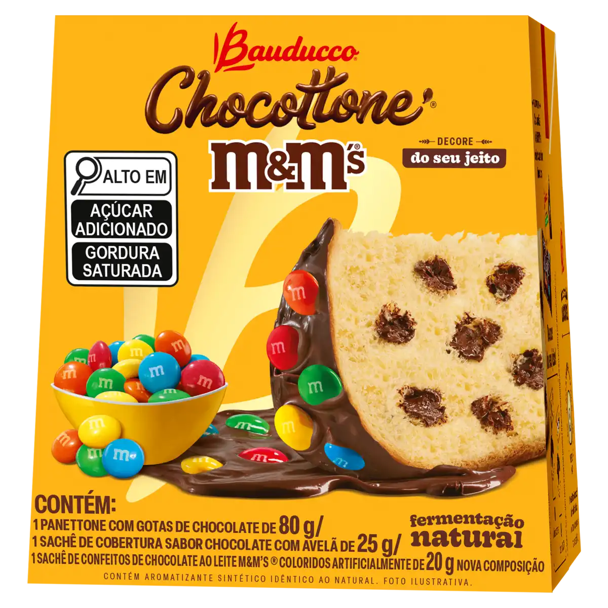 Kit Panettone com Gotas de Chocolate 80g + Sachê de Cobertura Chocolate com Avelã 25g Bauducco Chocottone + Sachê de Confeitos Chocolate ao Leite M&M'S 20g