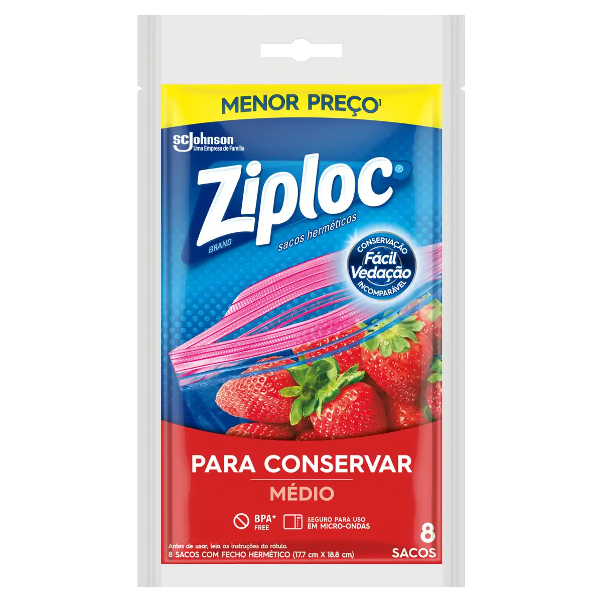Saco Hermético Ziploc Médio 17,7cm x 18,8cm 8 Unidades