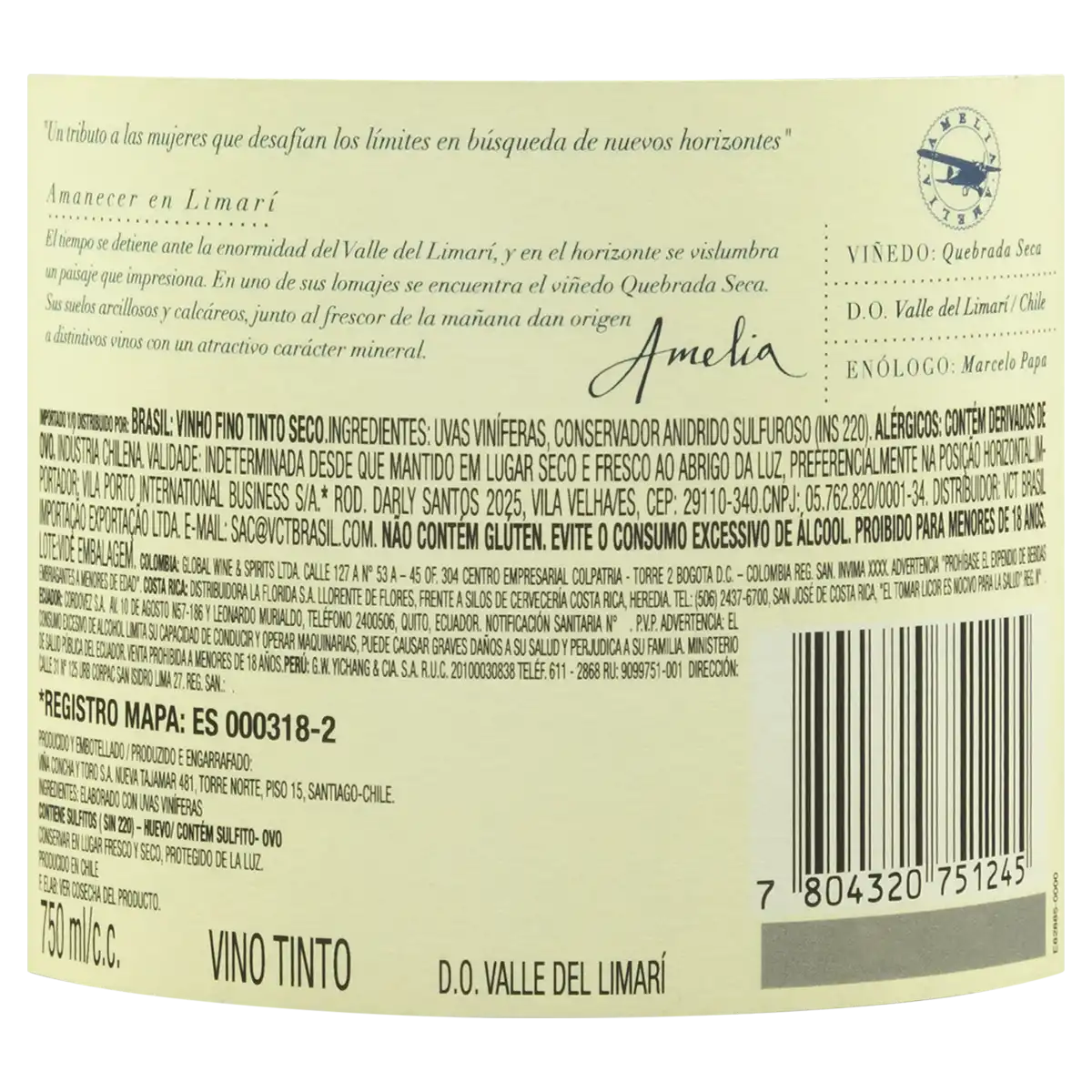 Vinho Chileno Tinto Seco Amelia Pinot Noir Valle del Limarí Garrafa 750ml