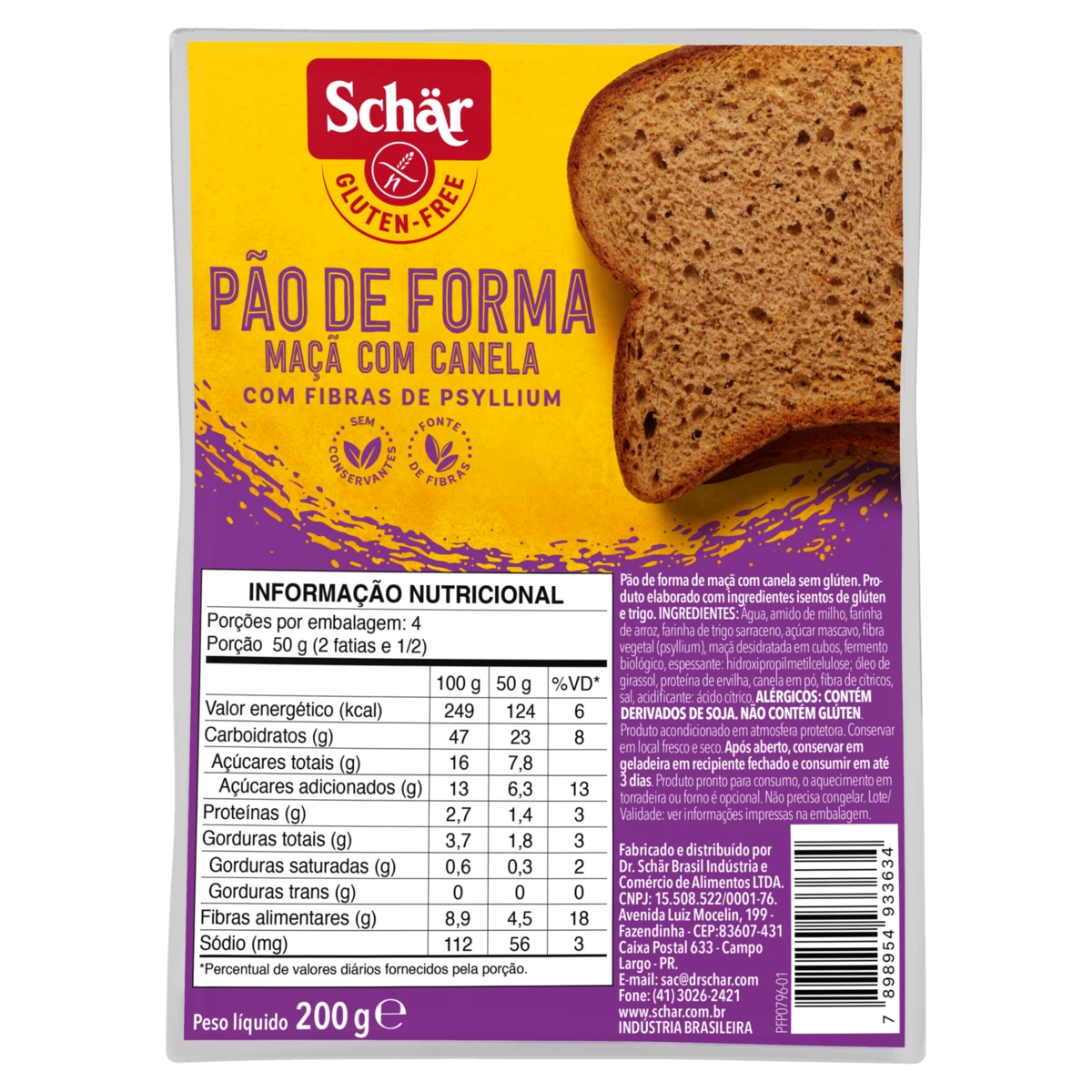Pão de Forma Maçã com Canela sem Glúten Vegano Schär Pacote 200g