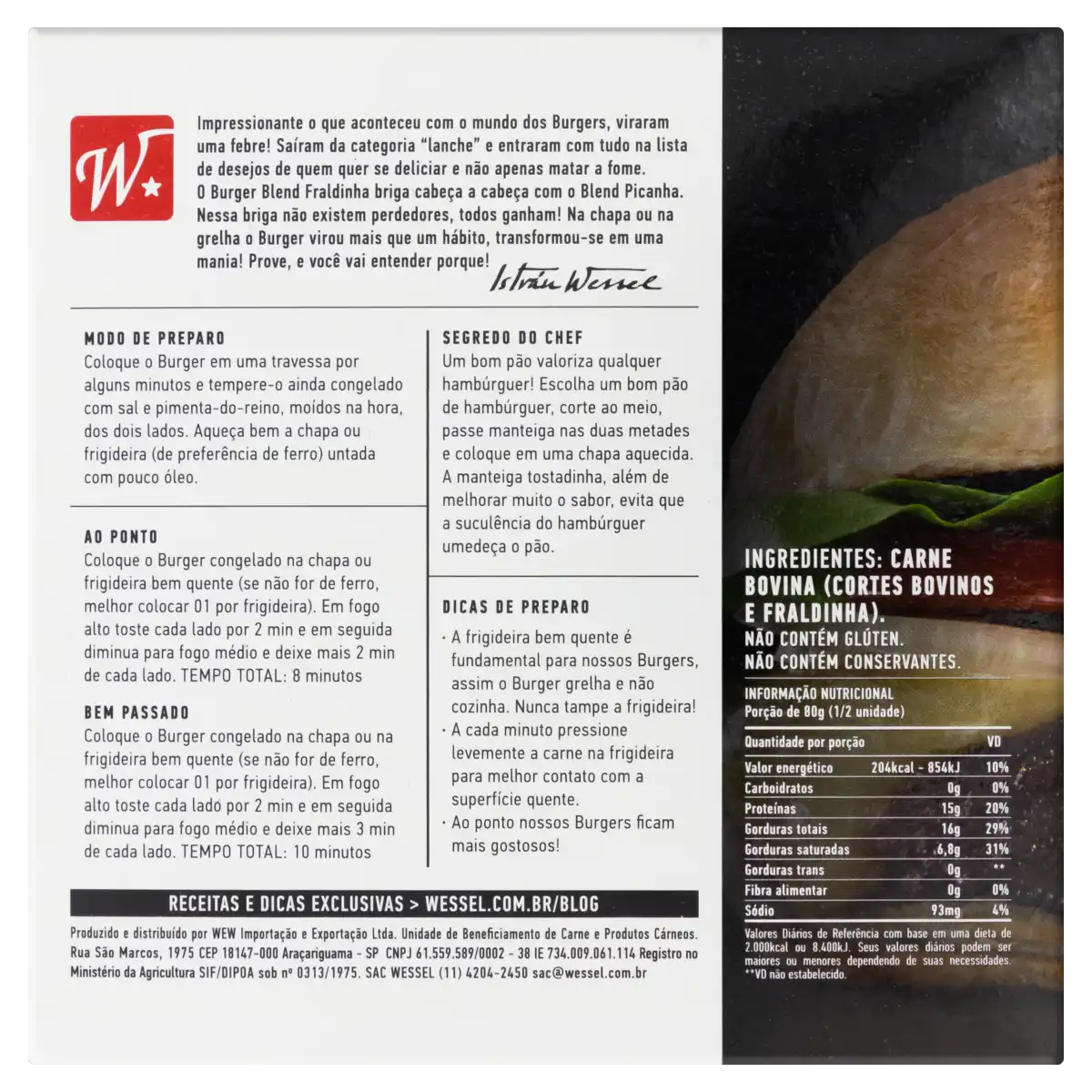 Hambúrguer de Carne Bovina Fraldinha Blend Wessel Caixa 360g 2 Unidades