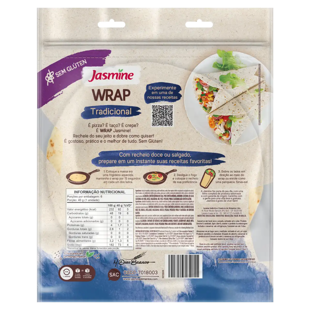 Massa Tortilha Tradicional sem Glúten Jasmine Pacote 240g