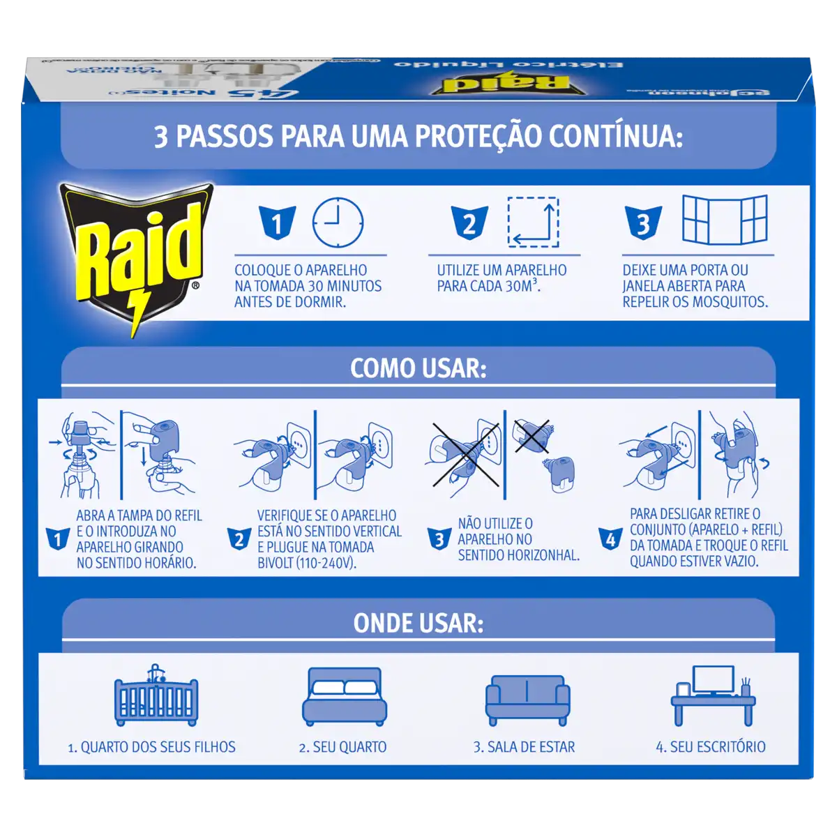 Repelente Líquido Elétrico 45 Noites Raid Caixa 2 Unidades 32,9ml Cada Grátis 50% de Desconto no Segundo Refil