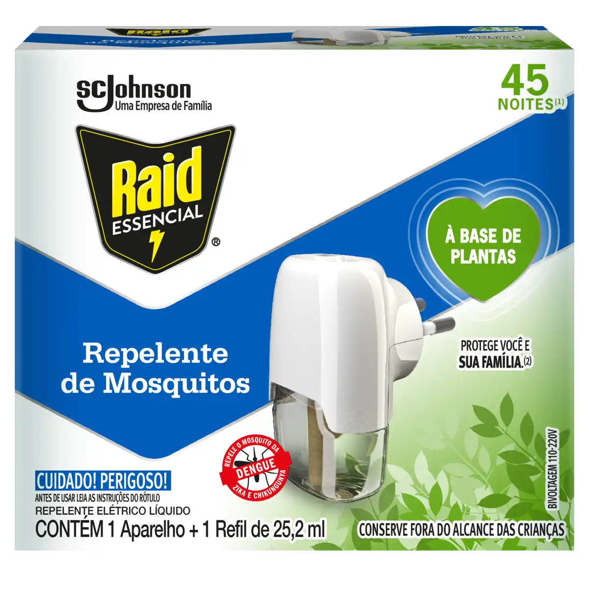 Kit Aparelho Elétrico + Refil Repelente Líquido 45 Noites à Base de Plantas Raid Essencial 25,2ml