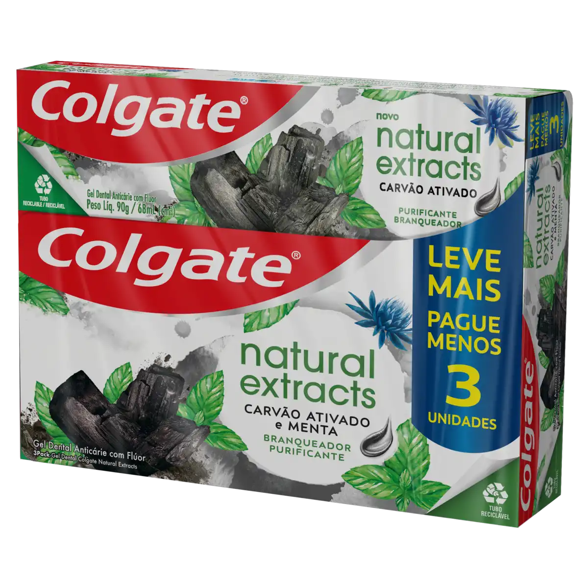 Pack Gel Dental Carvão Ativado Menta Colgate Natural Extracts Purificante Caixa 3 Unidades 90g Cada