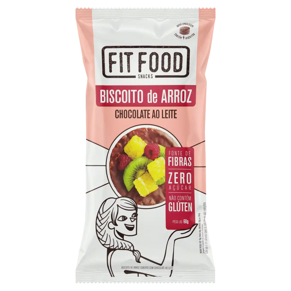 Biscoito de Arroz Cobertura Chocolate ao Leite Zero Açúcar Fit Food Pacote 60g