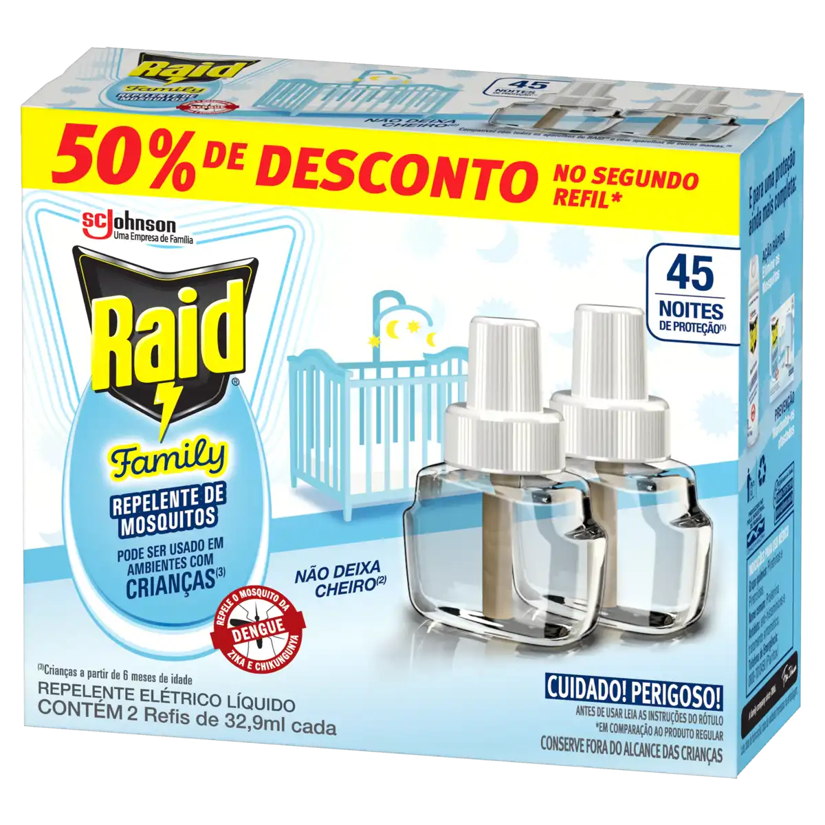 Repelente Líquido Elétrico 45 Noite Raid Family Caixa 2 Unidades 32,9ml Cada Grátis 50% de Desconto no Segundo Refil