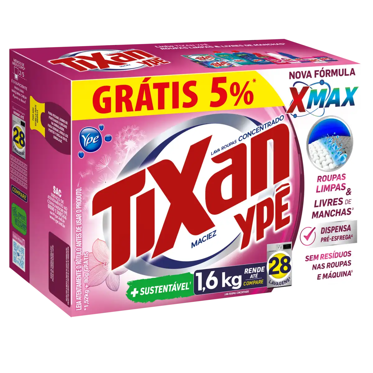 Lava-Roupas Pó Concentrado Maciez Tixan Ypê Caixa 1,6kg Grátis 5% de Desconto