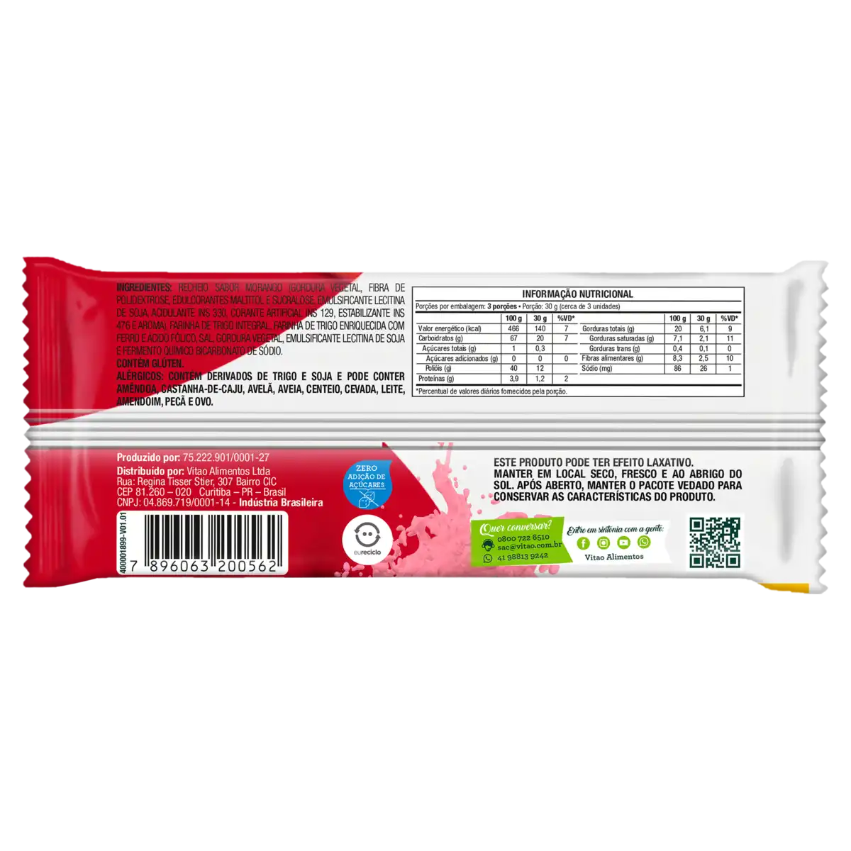 Biscoito Wafer Vegano Integral Recheio Morango Vitao Pacote 90g