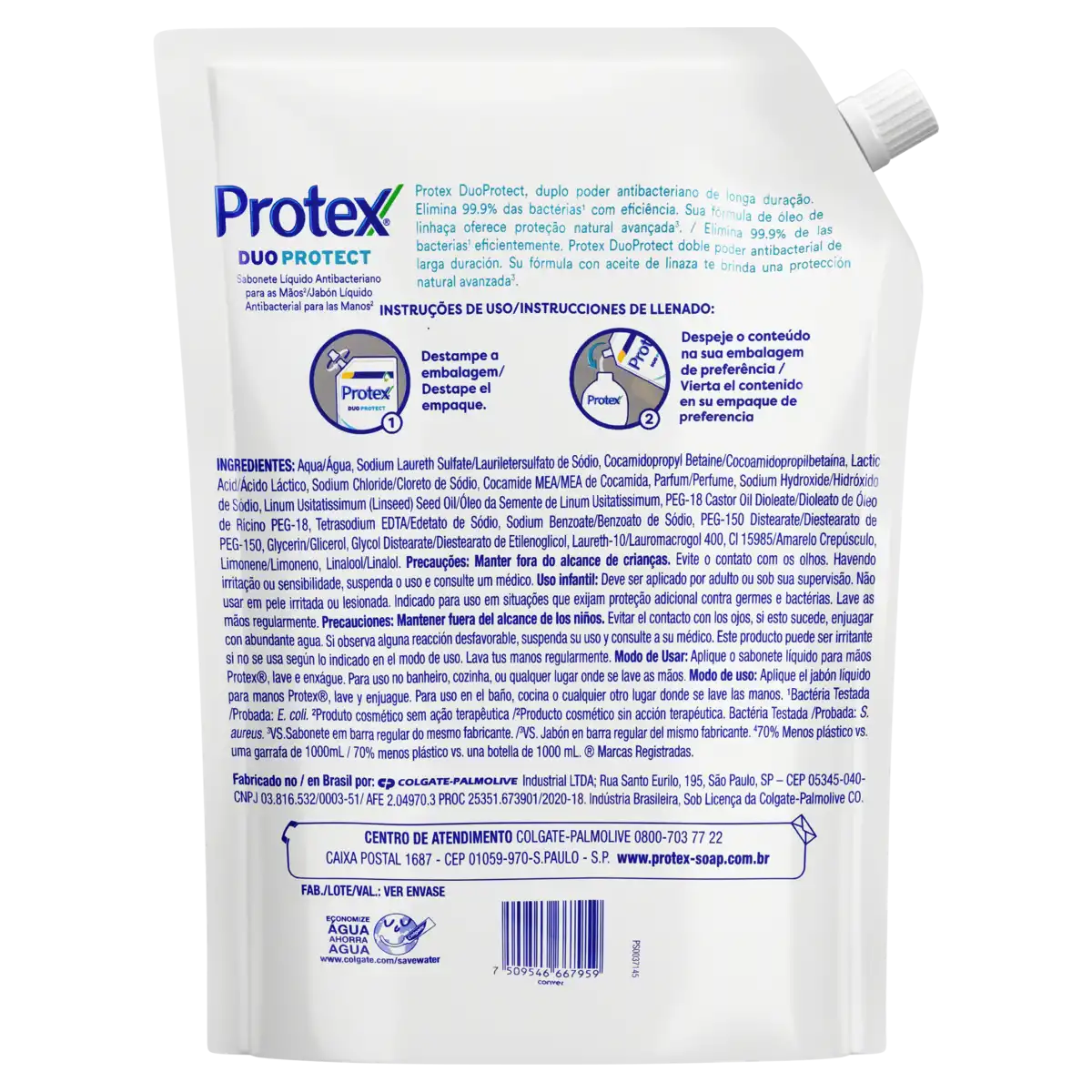 Sabonete Líquido para as Mãos Antibacteriano Protex Duo Protect Sachê 900ml Refil Supereconômico
