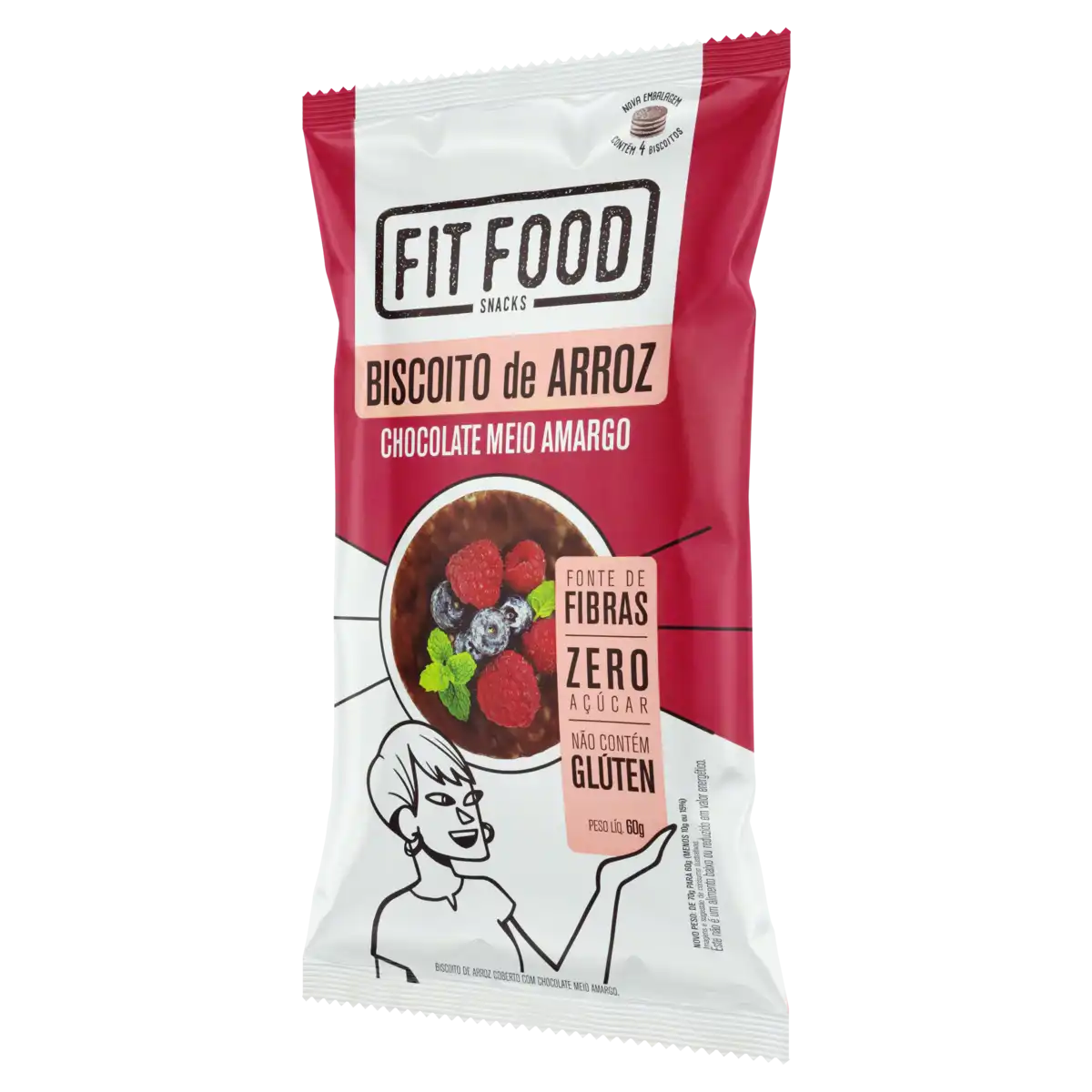 Biscoito de Arroz Cobertura Chocolate Meio Amargo Zero Açúcar Fit Food Pacote 60g