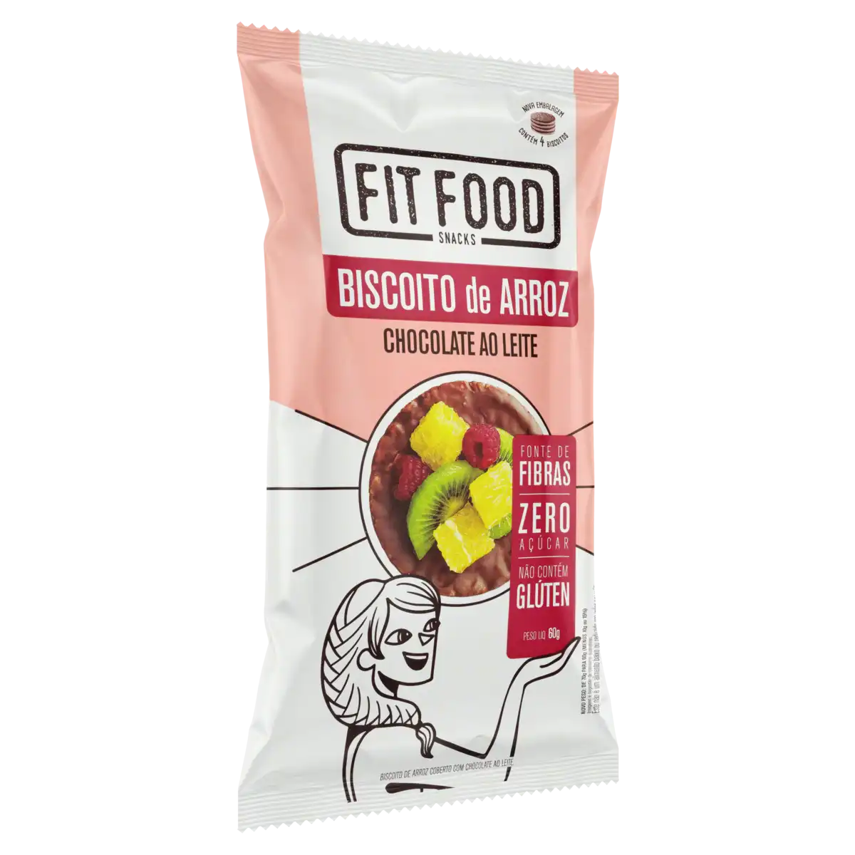 Biscoito de Arroz Cobertura Chocolate ao Leite Zero Açúcar Fit Food Pacote 60g