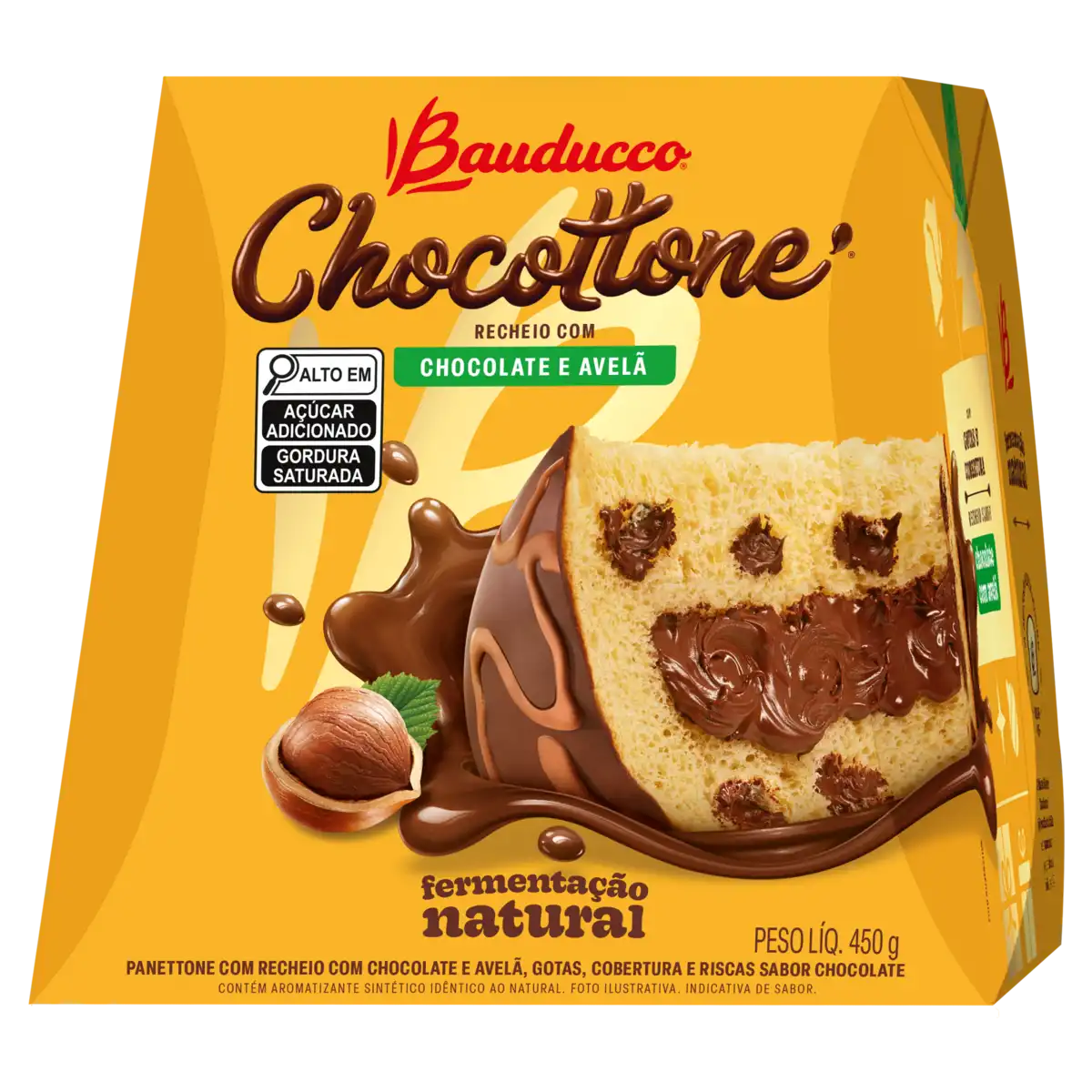Panettone Recheio Chocolate com Avelã Cobertura Chocolate Bauducco Chocottone Caixa 450g