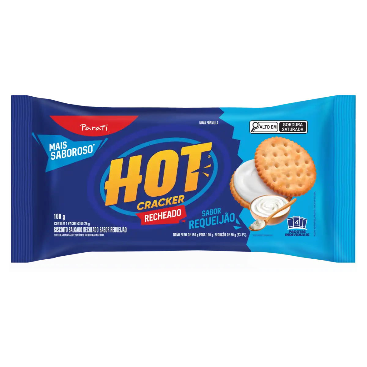Pack Biscoito Recheio Requeijão Hot Cracker Pacote 100g 4 Unidades