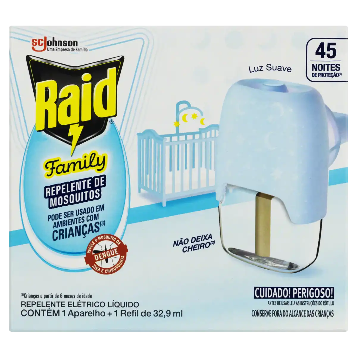 Kit Aparelho Elétrico + Refil Repelente Líquido 45 Noites Raid Family 32,9ml