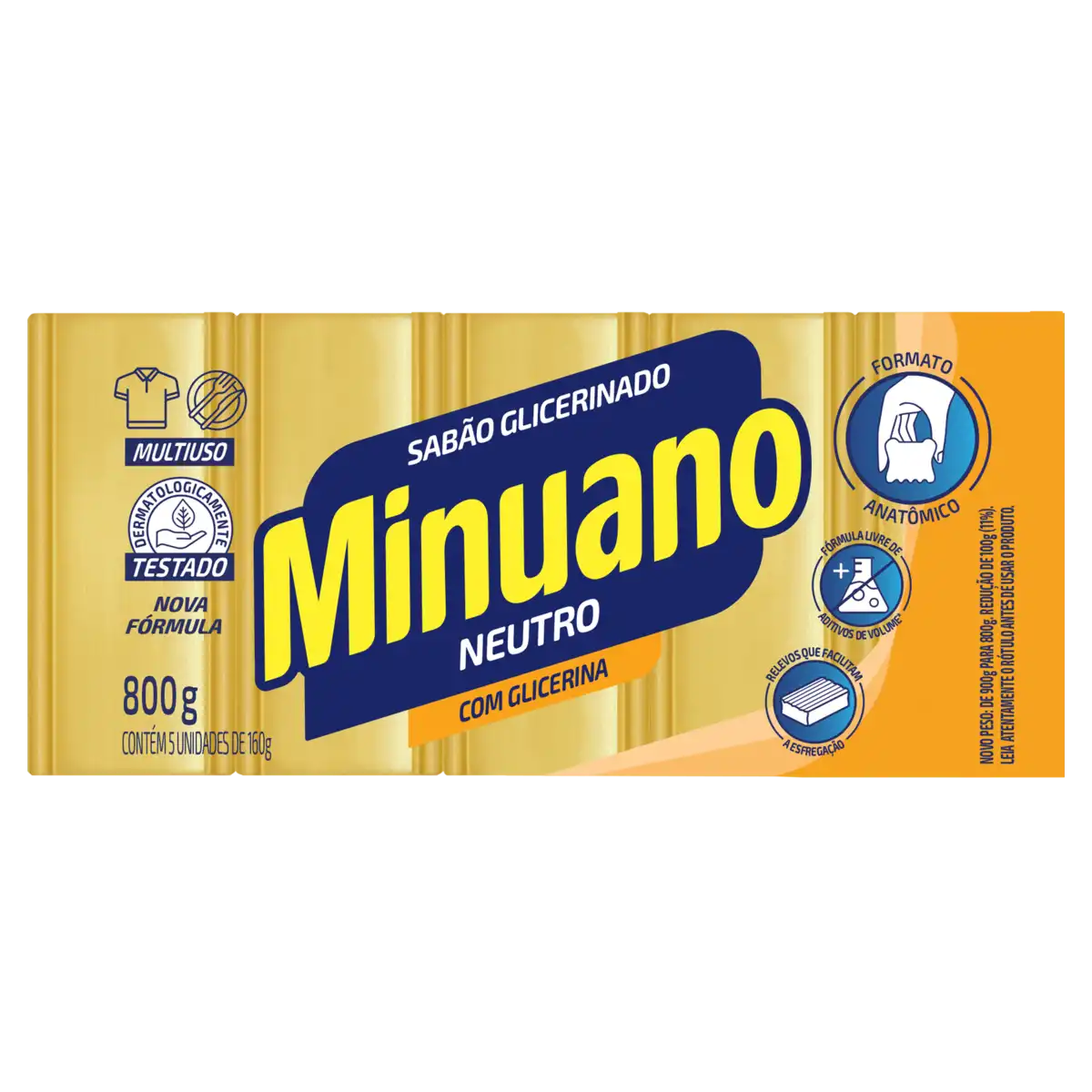 Sabão Barra Glicerinado Multiuso Neutro Minuano Pacote 800g 5 Unidades