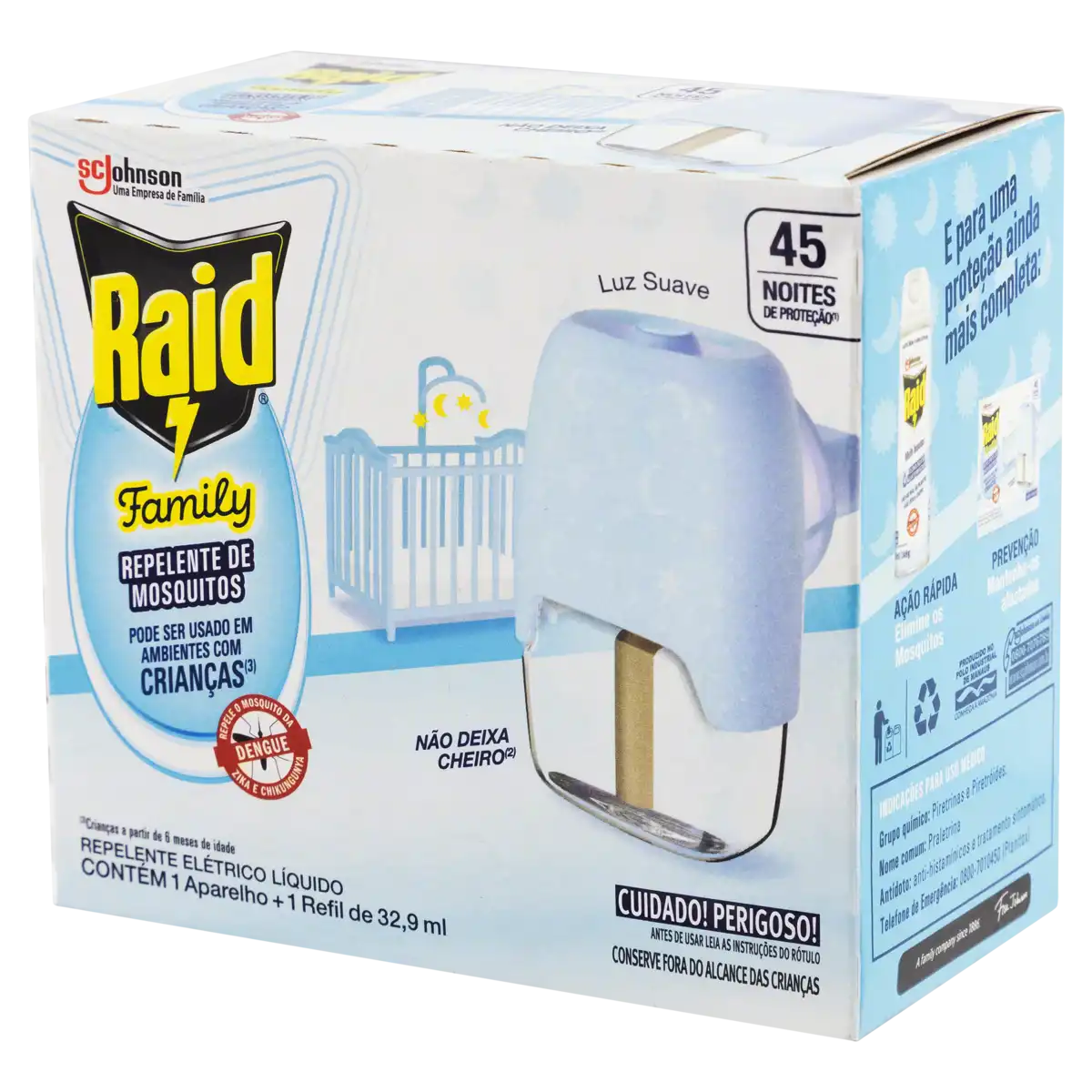 Kit Aparelho Elétrico + Refil Repelente Líquido 45 Noites Raid Family 32,9ml