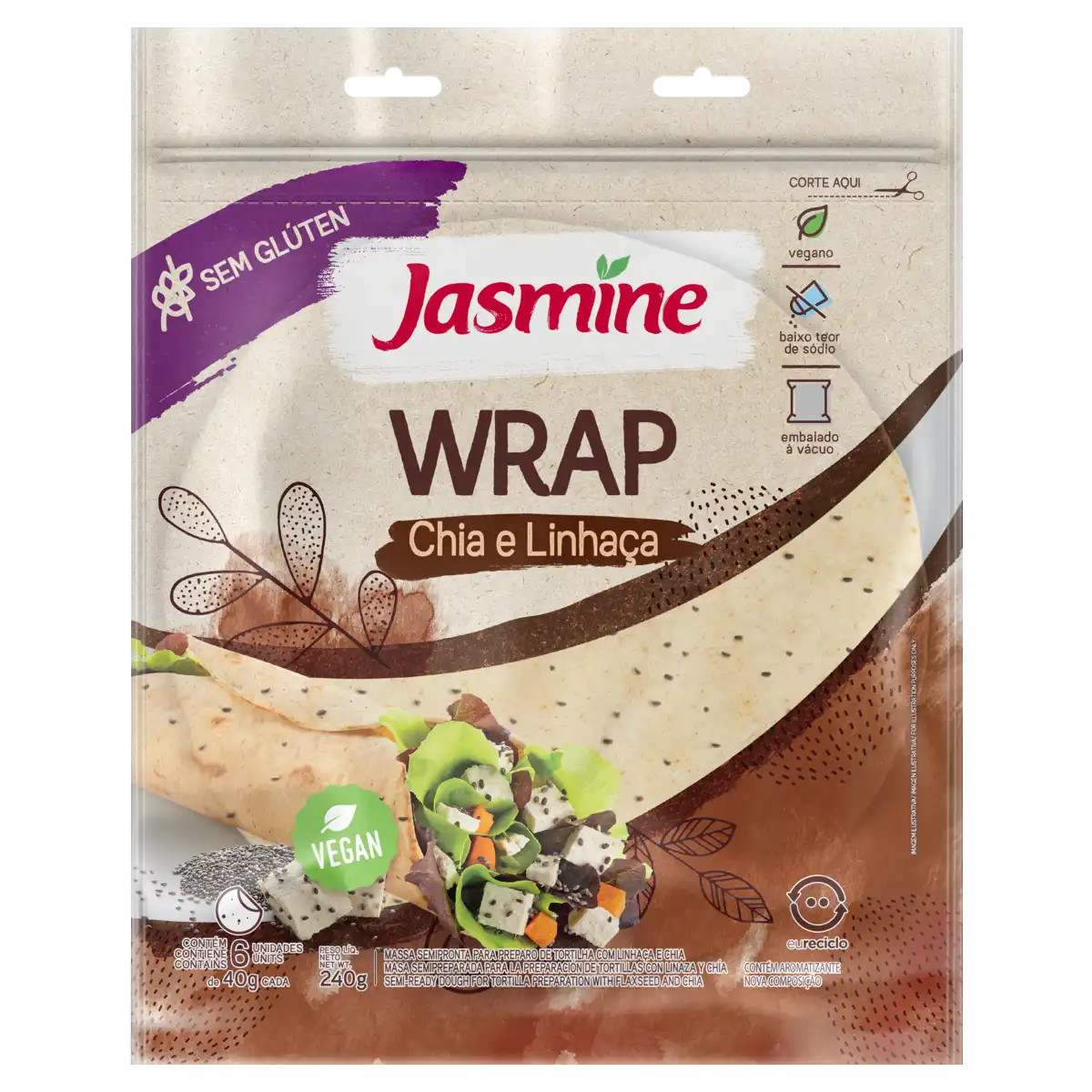 Massa Tortilha Chia e Linhaça sem Glúten Jasmine Pacote 240g