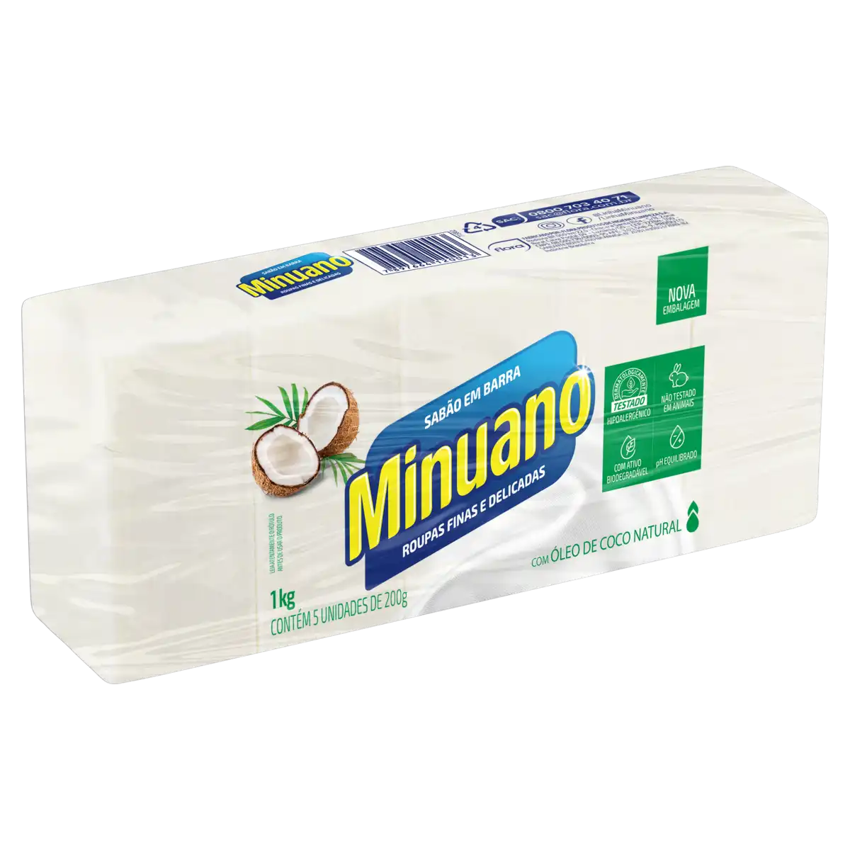 Sabão Barra Coco Minuano Pacote 1kg 5 Unidades