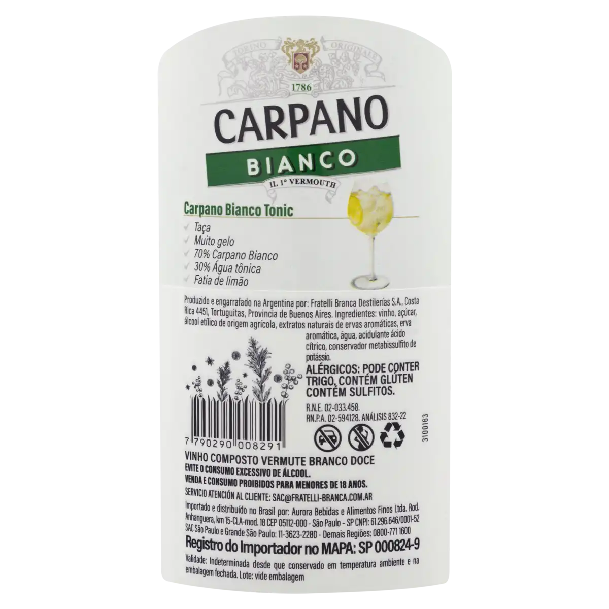 Vermute Bianco Carpano Garrafa 950ml