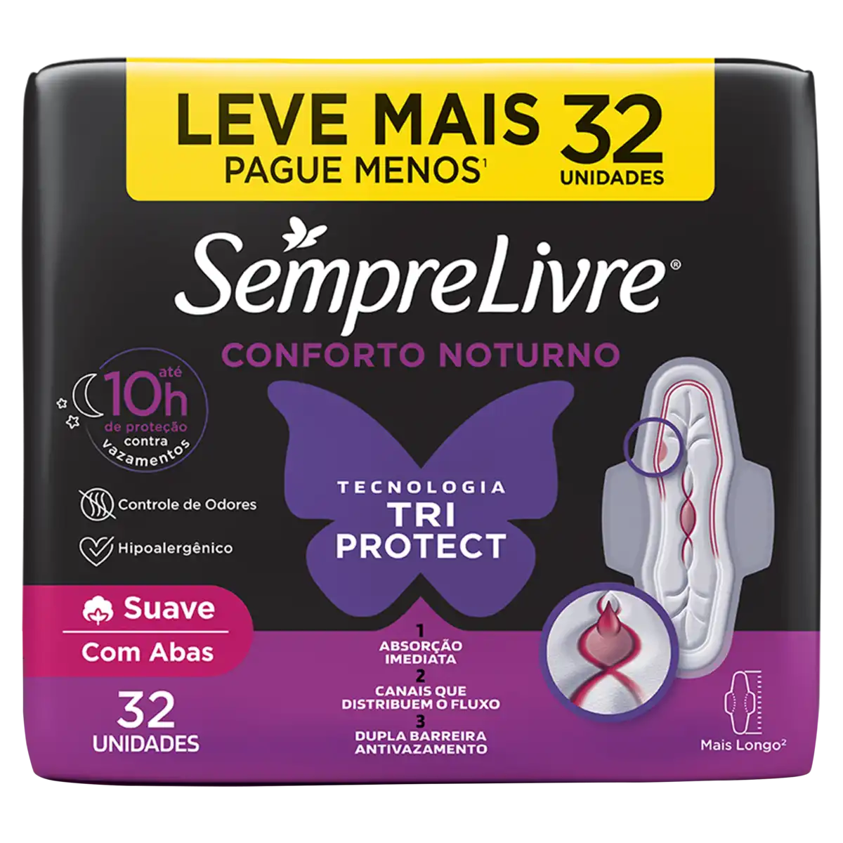 Absorvente com Abas Suave Sempre Livre Conforto Noturno Pacote 32 Unidades Leve Mais Pague Menos