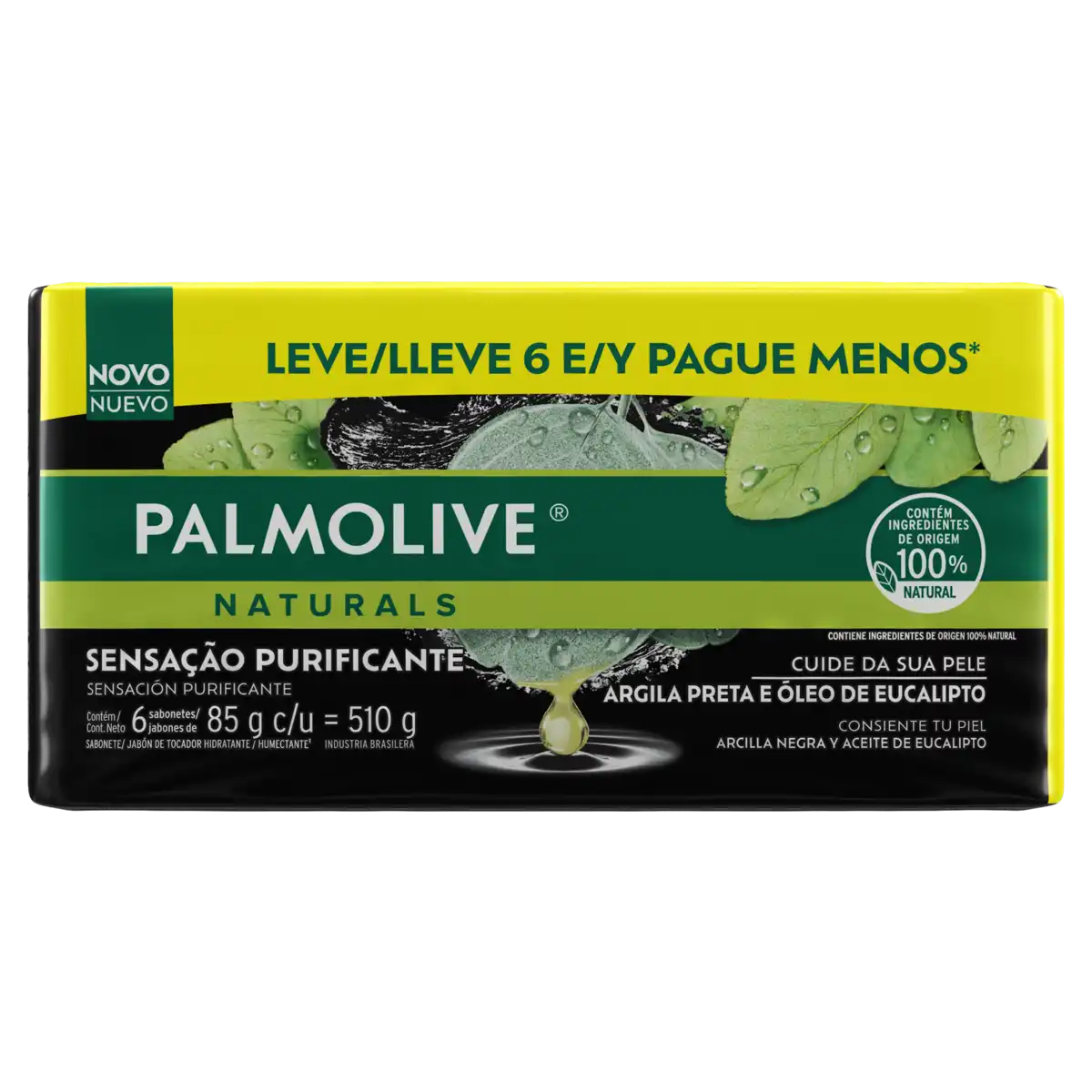 Pack Sabonete Barra Sensação Purificante Argila Preta e Óleo de Eucalipto Palmolive Naturals Envoltório 510g 6 Unidades Leve Mais Pague Menos
