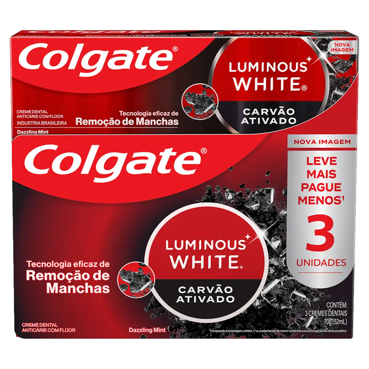 Pack Creme Dental Carvão Ativado Dazzling Mint Colgate Luminous White Caixa 3 Unidades 70g Cada Leve Mais Pague Menos