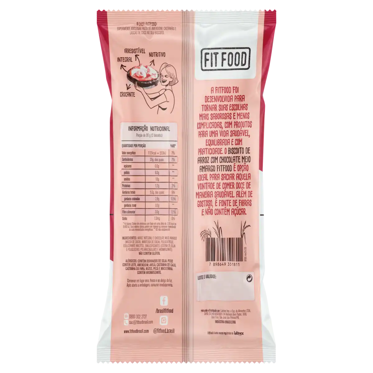 Biscoito de Arroz Cobertura Chocolate Meio Amargo Zero Açúcar Fit Food Pacote 60g