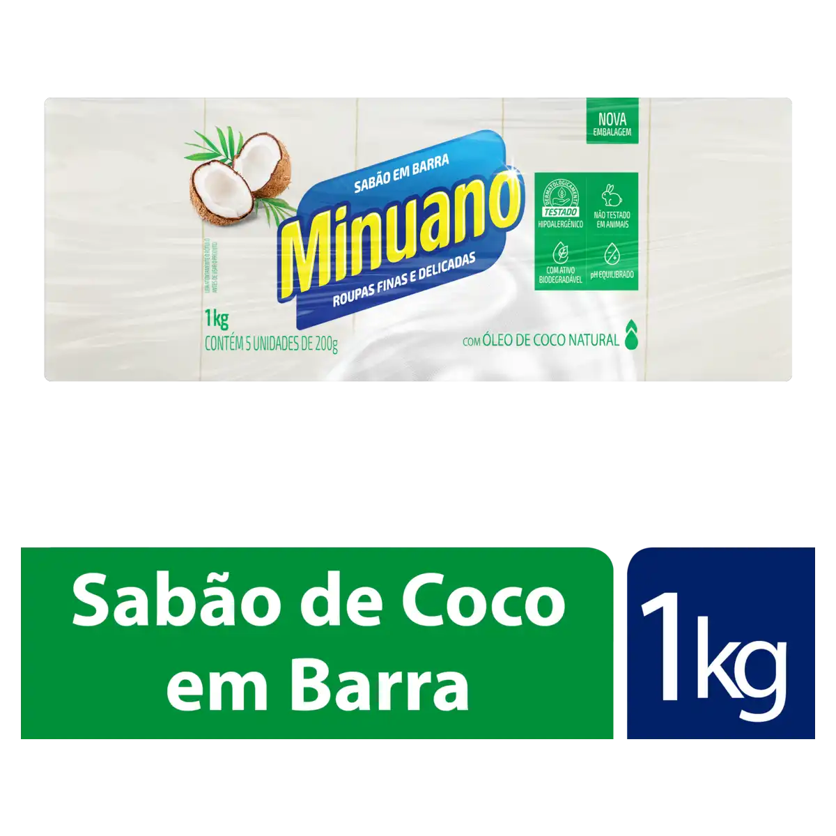 Sabão Barra Coco Minuano Pacote 1kg 5 Unidades