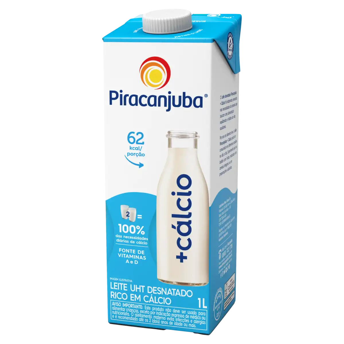Leite UHT Desnatado Piracanjuba + Cálcio Caixa com Tampa 1l