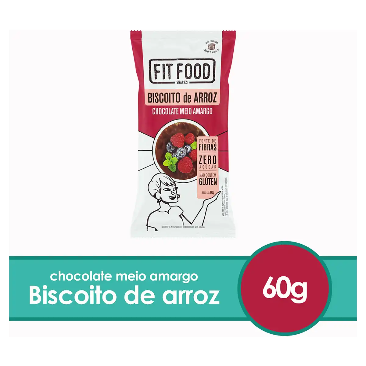 Biscoito de Arroz Cobertura Chocolate Meio Amargo Zero Açúcar Fit Food Pacote 60g