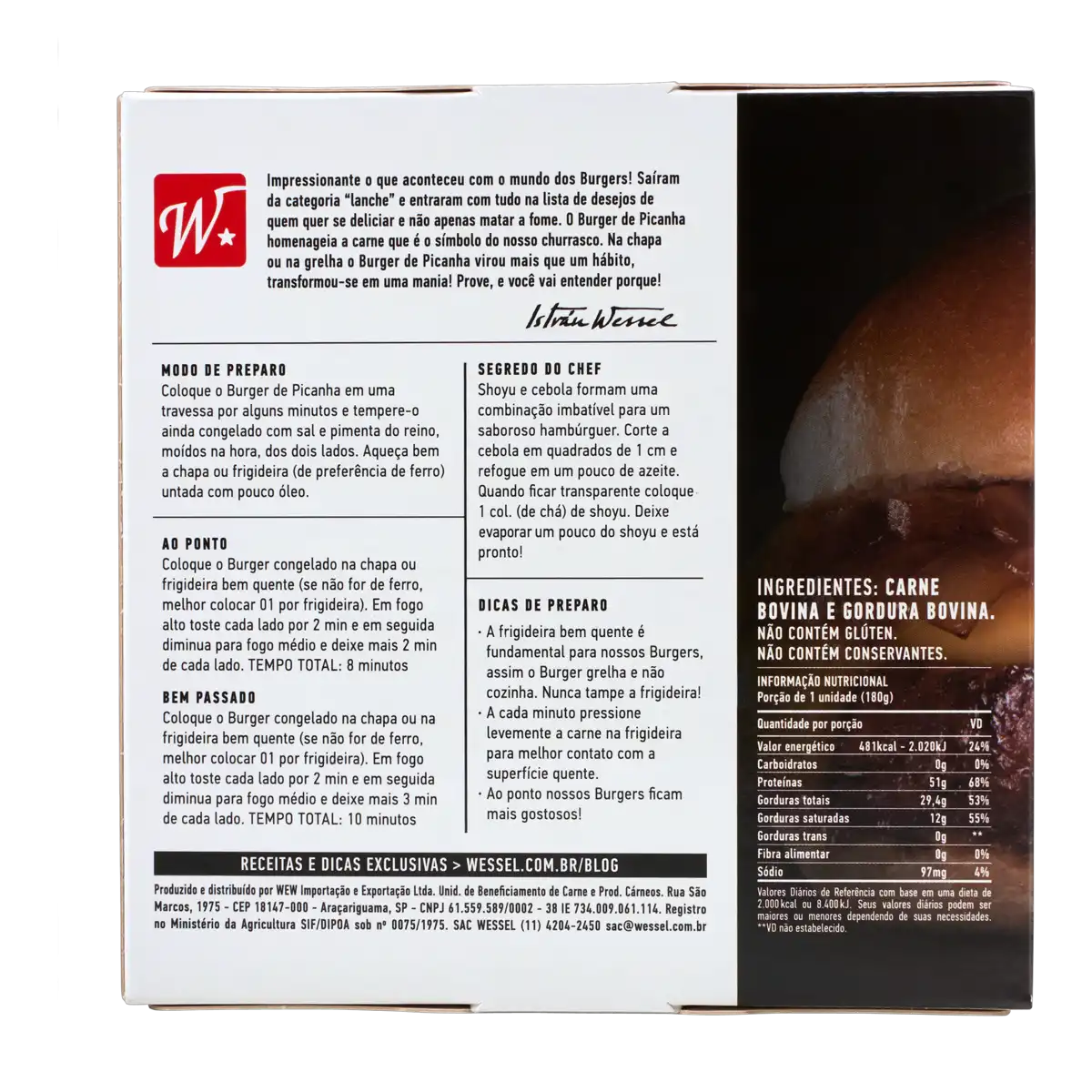 Hambúrguer de Carne Bovina Picanha Wessel Caixa 360g 2 Unidades